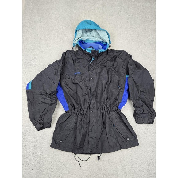 Vintage Columbia Jacket Mens Large Black Long's Peak Hooded Parka Mid-Length 90s
